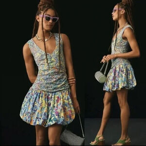 ANTHROPOLOGIE Plenty Tracy Reese Wrap V-Neck Bubble Dress SM Blue Motif MONET